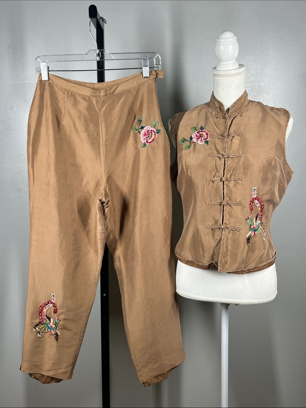 SilkLand Tan Straight-Leg Silk Pants with Floral Embroidery
